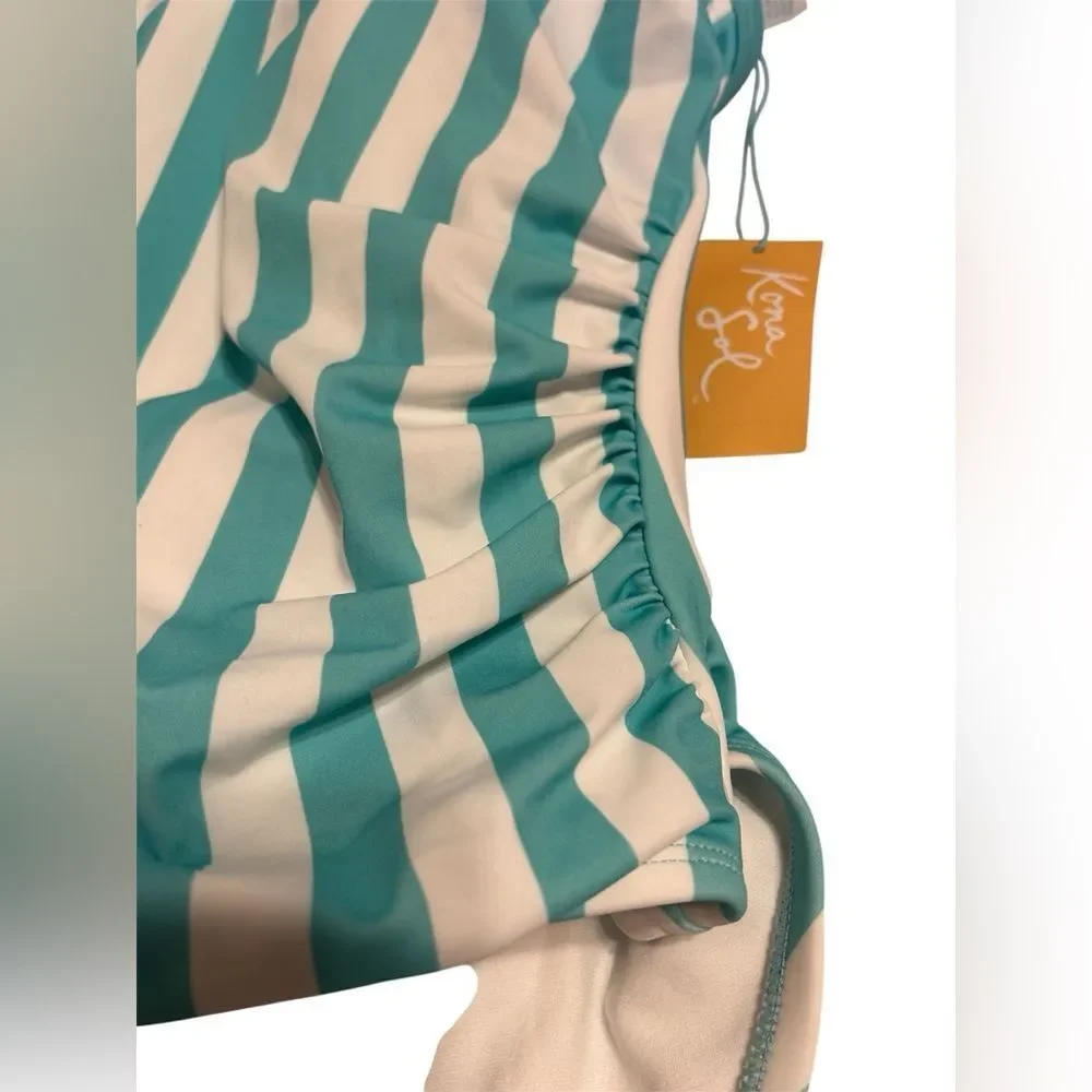 NWT Kona Sol Aqua and White Striped One Piece Swimsuit